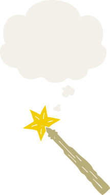 Düşünce baloncuğu olan bir çizgi film sihirli değneği insan tarafından çizilmiş.