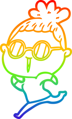 Bir insan tarafından çizilmiş gözlük takan bir karikatür kadının çizimi.