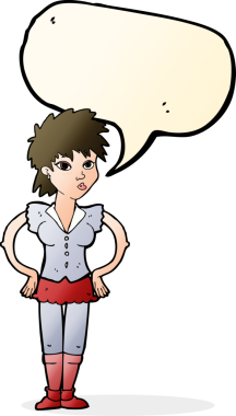 Bir insan tarafından çizilmiş konuşma balonlu elleri olan çizgi film kadını.