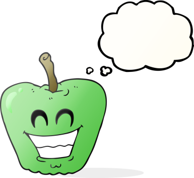 Bir insan tarafından çizilmiş serbest çizilmiş düşünce balonu çizgi filmi sırıtan elma.