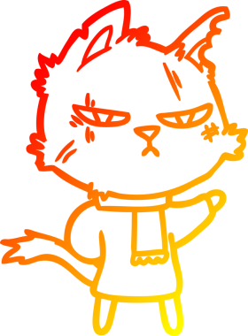 Kışın bir insan tarafından çizilen eşarplı sert bir karikatür kedisinin sıcak çizgi çizimi