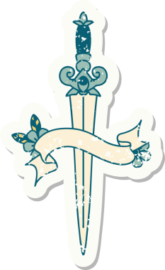 Bir insan tarafından çizilmiş bir hançerin bayrağı olan eski bir etiket.