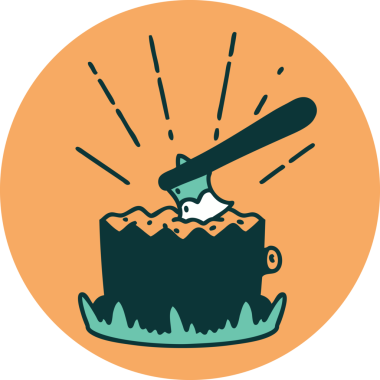 Bir insan tarafından çizilmiş ağaç kütüğündeki dövme stili baltanın simgesi