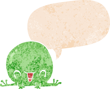 grunge 'da konuşma baloncuğu olan karikatür kurbağası bir insan tarafından çizilmiş dertli retro stil.