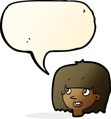 Bir insan tarafından çizilmiş konuşma balonlu mutlu kadın yüzü.