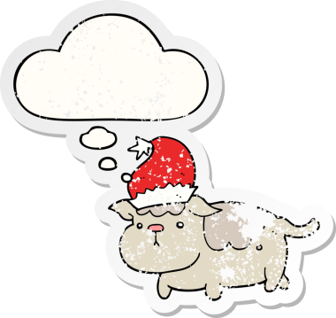 Düşünce baloncuğu olan sevimli bir Noel köpeği. Bir insan tarafından çizilmiş yıpranmış bir çıkartma gibi.