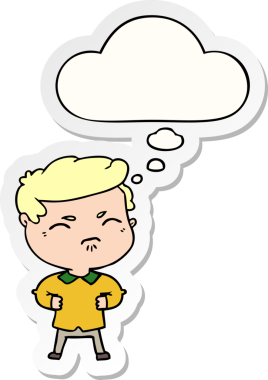 İnsan tarafından çizilmiş bir çıkartma gibi düşünce baloncuğu olan karikatür rahatsız bir adam.