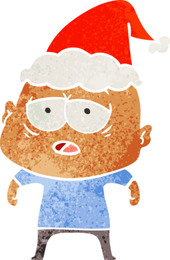 Bir insan tarafından çizilmiş Noel Baba şapkası giymiş yorgun kel bir adamın el çizimi karikatürü.