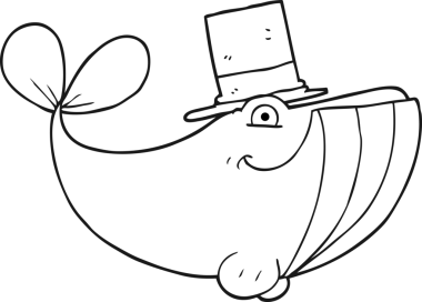 Bir insan tarafından çizilmiş silindir şapkalı siyah beyaz bir balina.