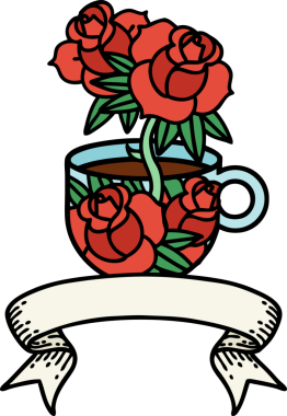 Geleneksel dövmeli bir kupa ve bir insan tarafından çizilmiş çiçekler.