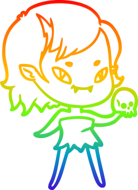 Gökkuşağı gradyan çizgi çizimi. Bir insan tarafından çizilmiş kafatası olan vampir bir kız.