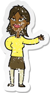 Bir insan tarafından çizilmiş bir şeyi göstermek için el kol hareketi yapan karikatürlü bir kadının gerilmiş çıkartması.