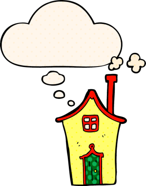 Çizgi roman tarzında bir insan tarafından çizilmiş düşünce baloncuklu karikatür evi.