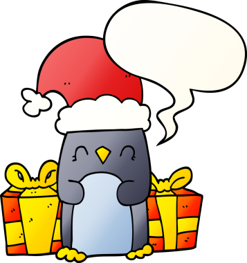 Bir insan tarafından çizilmiş hoş bir noel pengueni konuşma baloncuğu ile