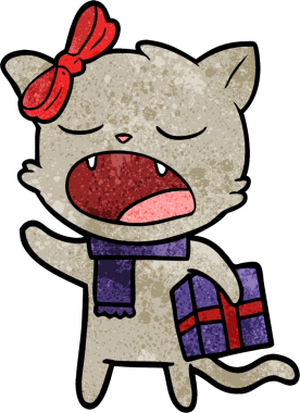 Bir insan tarafından çizilmiş Noel hediyeli çizgi film kedisi.