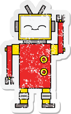 Bir insan tarafından çizilmiş sevimli bir robot çizgi film çıkartması.