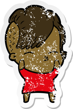 Bir insan tarafından çizilmiş, gözlerini kısan bir çizgi film karakterinin sıkıntılı çıkartması.