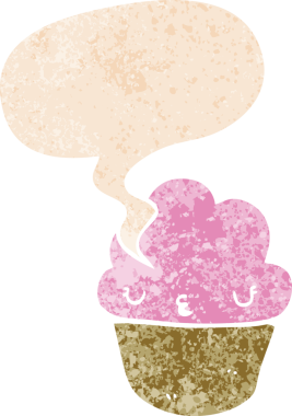 Yüzü konuşma baloncuğu olan, grunge 'da sıkıntılı, desenli bir insan tarafından çizilmiş bir kek.