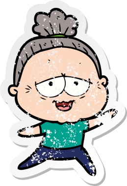 Bir insan tarafından çizilmiş mutlu, yaşlı bir kadının sıkıntılı çıkartması.