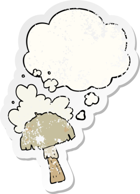 Düşünce baloncuklu spor bulutlu karikatür mantarı insan tarafından çizilmiş yıpranmış bir çıkartma.