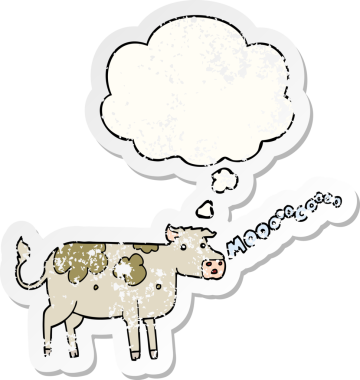 Düşünce baloncuğu olan çizgi film ineği insan tarafından çizilmiş yıpranmış bir çıkartma gibi.