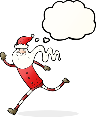 Bir insan tarafından çizilmiş düşünce baloncuğu ile Noel Baba 'yı çalıştıran çizgi film