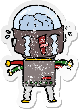 Bir insan tarafından çizilmiş, karikatür ağlayan robot çıkartması.