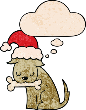 Bir insan tarafından çizilmiş grunge desenli düşünce baloncuğu olan şirin bir Noel köpeği.