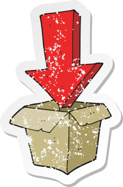 Bir insan tarafından çizilmiş oku olan boş bir çizgi film kutusunun gerilimli retro yapıştırması