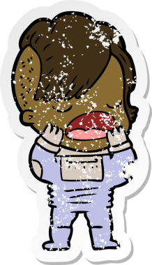 Bir insan tarafından çizilmiş uzay giysili havalı bir hippi kızın sıkıntılı çıkartması.