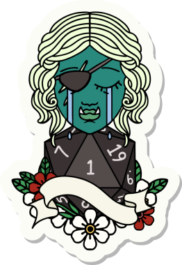 Ağlayan bir Ork karakterinin çıkartması. Doğal bir d20 zar atışıyla bir insan tarafından çizilmiş.