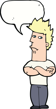 Bir insan tarafından çizilmiş konuşma balonuyla surat asan çizgi film adamı.