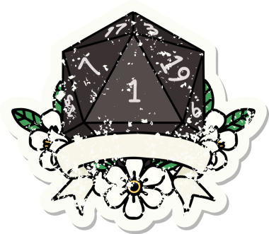 Bir insan tarafından çizilmiş doğal bir d20 zarının grunge çıkartması.