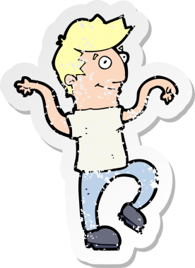 Bir insan tarafından çizilmiş komik bir dans yapan mutlu bir çizgi filmin gerilimli çıkartması.