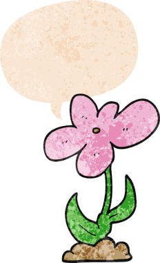 Bir insan tarafından çizilmiş grunge dertli retro biçimli konuşma baloncuklu karikatür çiçeği