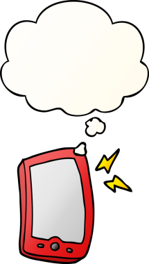 bir insan tarafından çizilmiş yumuşak eğimli düşünce baloncuklu çizgi film cep telefonu