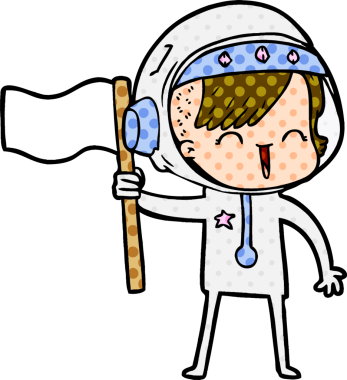 Mutlu uzay kızı bir insan tarafından çizilmiş bayrak taşıyor.