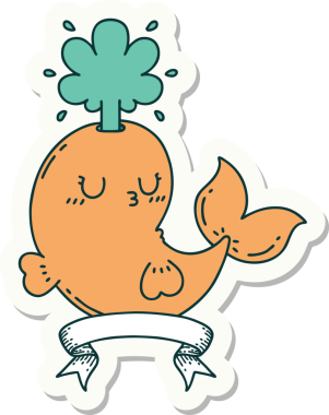 Dövme stili çıkartma. Bir insan tarafından çizilmiş mutlu, fışkırtan balina karakteri.