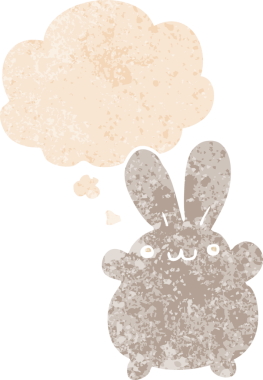 Düşünce baloncuklu çizgi film tavşanı grunge dertli eski moda bir insan tarafından çizilmiş.