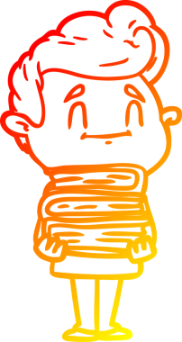 Bir insan tarafından çizilmiş kitap yığınıyla mutlu bir çizgi film adamı çizimi.