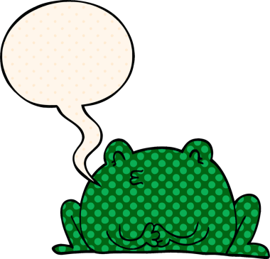 Bir insan tarafından çizilmiş çizgi roman tarzında konuşma balonu olan şirin bir kurbağa.