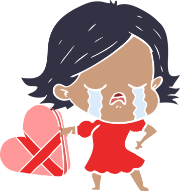 Düz renkli çizgi film kızı bir insan tarafından çizilmiş sevgililer gününde ağlıyor.