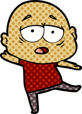 Bir insan tarafından çizilmiş yorgun, kel bir adam.