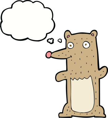 Bir insan tarafından çizilmiş düşünce baloncuklu komik çizgi film ayısı.