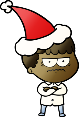 Bir insan tarafından çizilmiş Noel Baba şapkası giymiş sinirli bir adamın el çizimi karikatürü.