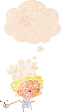 Düşünce baloncuğu olan karikatür şefi bir insan tarafından çizilmiş dertli retro tarzı