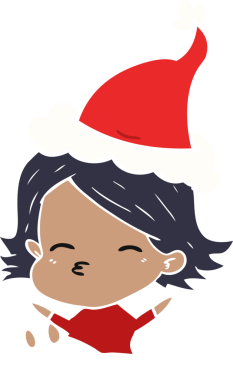 Bir insan tarafından çizilmiş Noel Baba şapkası giyen bir kadının el çizimi düz renk çizimi.