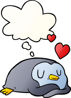 Çizgi film pengueni, insan tarafından çizilmiş yumuşak eğimli düşünce baloncuğuna aşık.