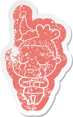 Bir insan tarafından çizilmiş Noel Baba şapkası giymiş ağlayan bir kadının garip bir karikatürü.