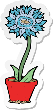 Bir insan tarafından çizilmiş saksıdaki karikatür çiçeğinin etiketi.